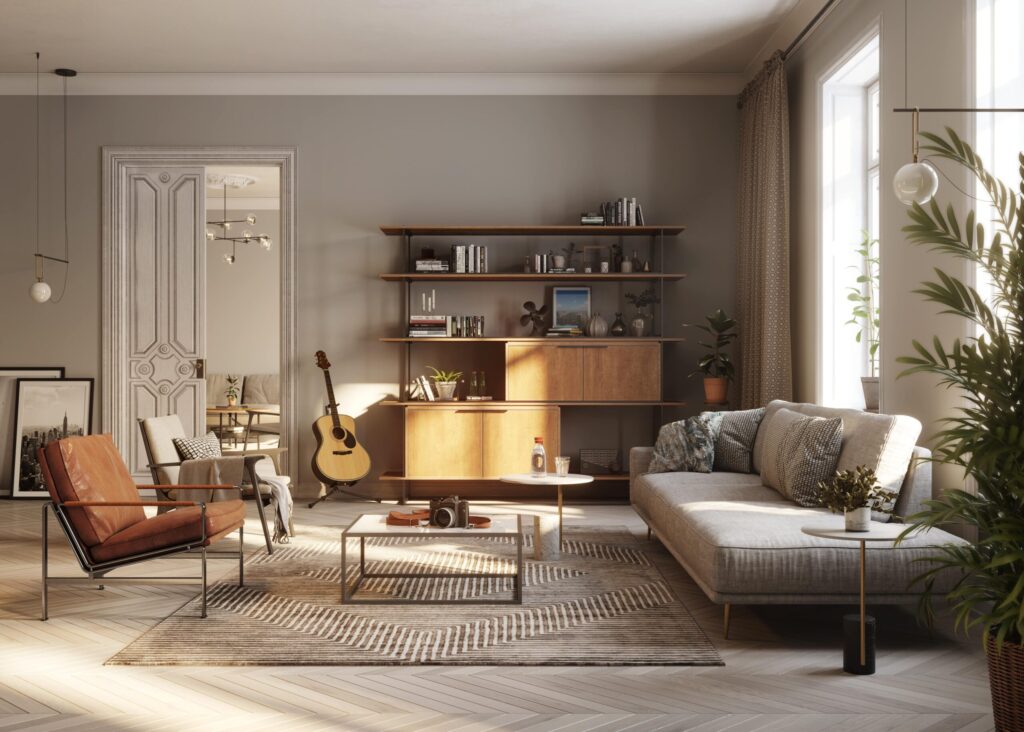 Modernes Wohnzimmer mit grauem Sofa, braunem Ledersessel, Holzregal und einer Gitarre auf einem gemusterten Teppich bei Sonnenschein.