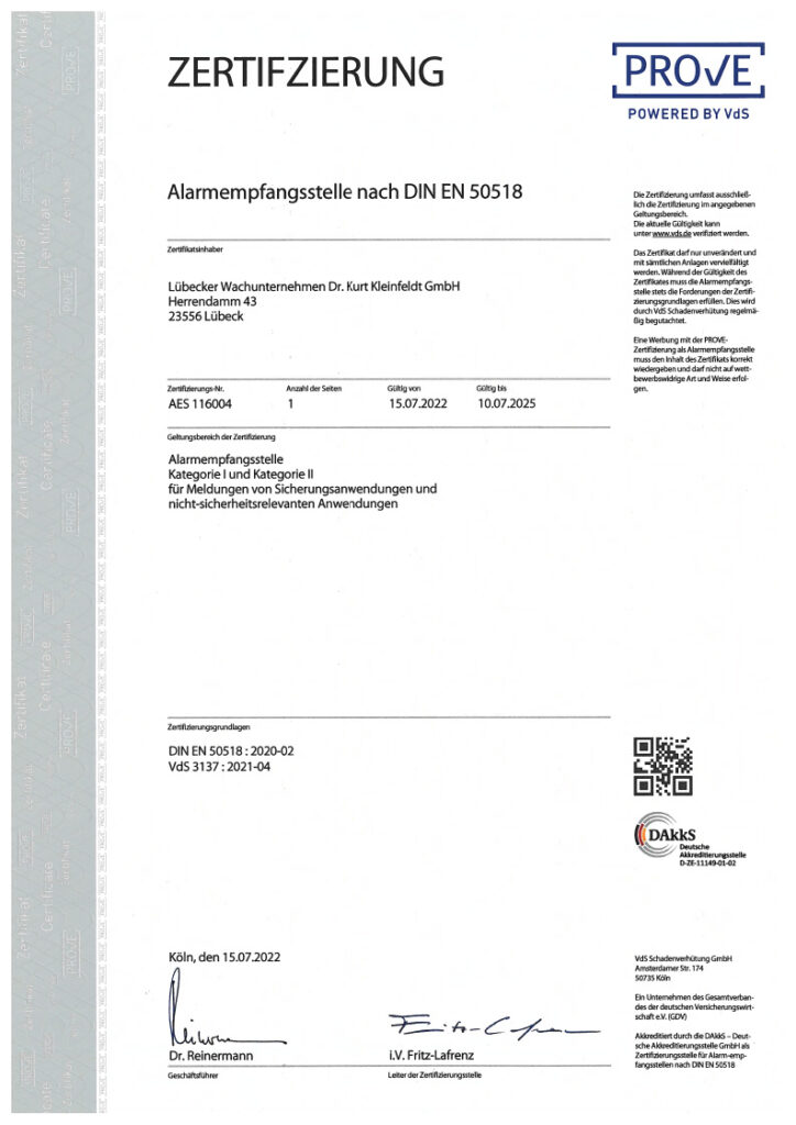 Ein Zertifikat von PROVE POWERED BY VdS für eine Alarmempfangsstelle nach DIN EN 50518, ausgestellt für das Lübecker Wachunternehmen.