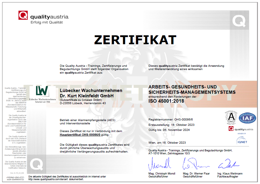 Zertifikat von qualityaustria für Lübecker Wachunternehmen Dr. Kurt Kleinfeldt GmbH über ein Arbeits-, Gesundheits- und Sicherheits-Managementsystem nach ISO 45