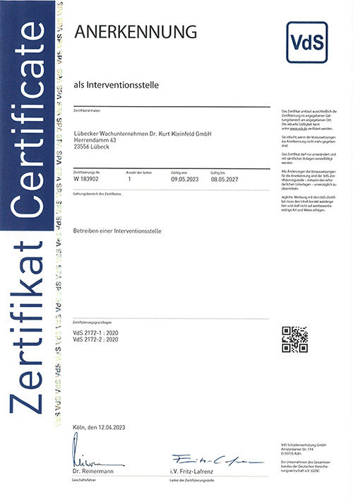 VdS-Zertifikat für das Lübecker Wachunternehmen Dr. Kurt Kleinfeld GmbH als anerkannte Interventionsstelle, gültig bis 2027.