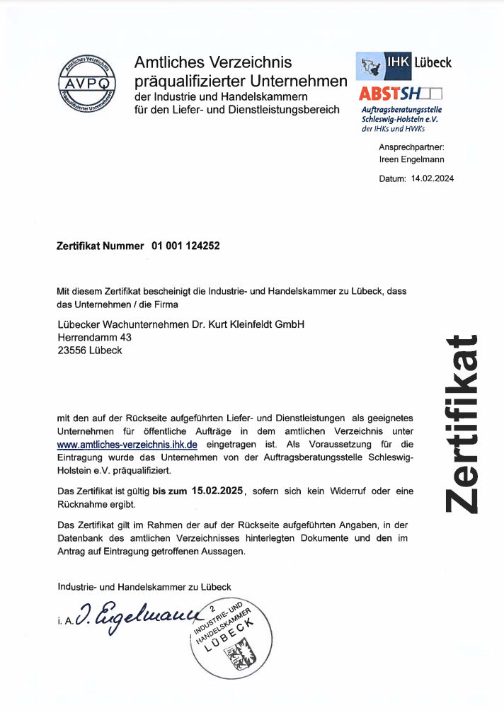Zertifikat der IHK Lübeck für das Lübecker Wachunternehmen Dr. Kurt Kleinfeldt GmbH, das die Präqualifizierung für öffentliche Aufträge bestätigt.