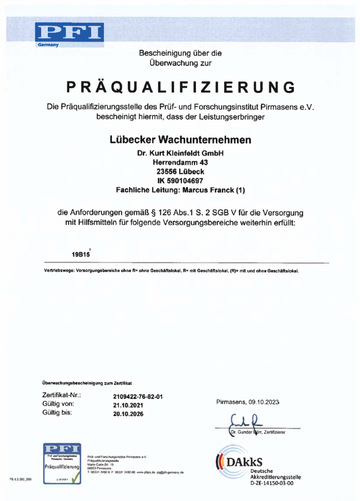 Ein Präqualifizierungszertifikat für das Lübecker Wachunternehmen Dr. Kurt Kleinfeldt GmbH, gültig bis Oktober 2026, für Haus-Notruf-Dienstleistungen.