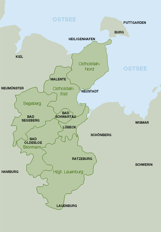 Karte der Landkreise Ostholstein, Segeberg, Stormarn und Herzogtum Lauenburg in Schleswig-Holstein mit angrenzenden Städten und der Ostsee.