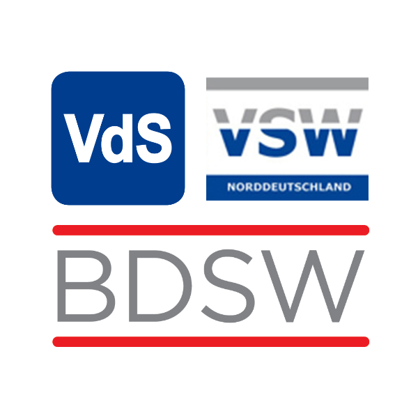 Drei Logos von Verbänden: VdS, VSW Norddeutschland und BDSW, die als Mitgliedssiegel dienen.