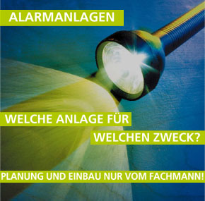 Ein Bild mit einer Taschenlampe, die einen Lichtstrahl aussendet, und Texten zu Alarmanlagen, deren Auswahl und professioneller Installation.
