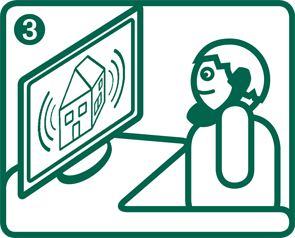 Eine Person sitzt vor einem Monitor, der ein Haus mit Schallwellen anzeigt, was auf eine Alarmüberwachung hindeutet. Oben links ist eine '3' zu sehen.